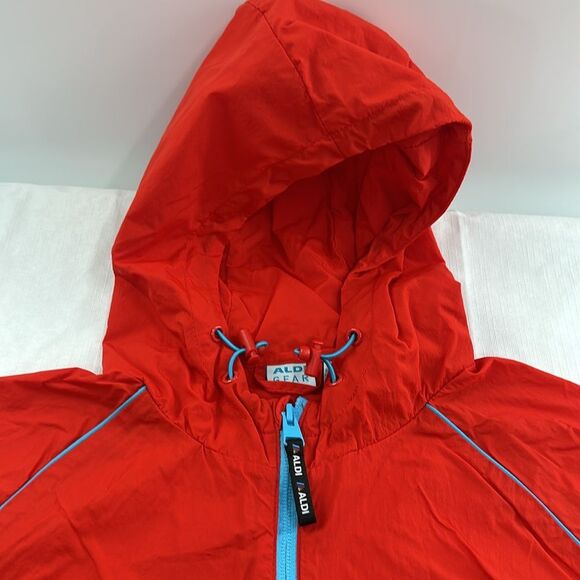 Aldi Gear Jacket Medium Red Orange Blue Hooded Full Zip Windbreaker - Picture 4 of 10